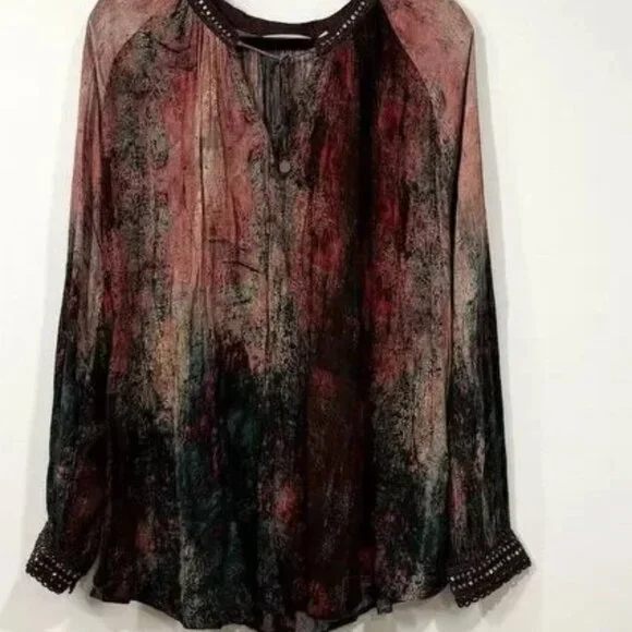 Soft Surroundings Abstract Print Tunic Top Long Sleeve L Beaded Artsy Whisigoth - Picture 1 of 4